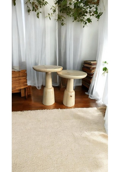 Wood Ahşap 2'li Set Ürgüp Mantar Yan Sehpa Modern Fiskos / Naturel Renk / Zigon Sehpa Vernikli Naturel