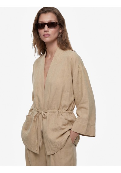 Koton Geniş Uzun Kollu Cepli Beli Bağcıklı Oversize Kimono Ceket Vizon 6sak50080pw