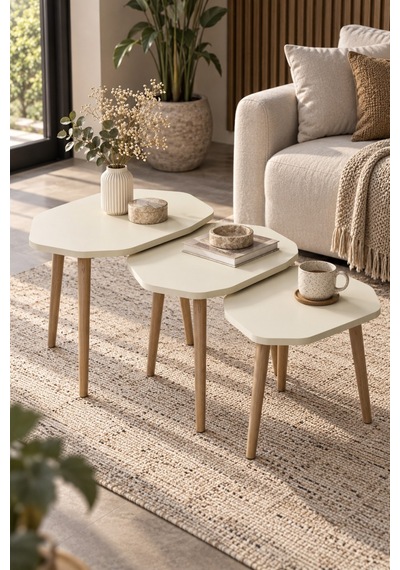 Sulorahome Ekru 3'lü Geometrik Zigon Sehpa Seti