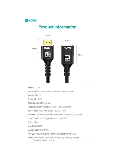 Dişi Erkek Uçlu Hdmı 2.1 Uzatma Kablosu - 8k 60hz - 4k 120hz - 48gbps Ps5 Tv Monitör Uzatıcı 1 Metre