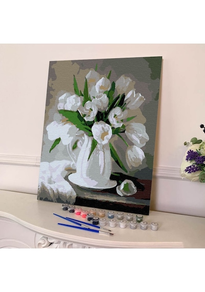 Sayılarla Boyama Seti 40 x 50 CM Tuval Şasesine Gerili Beyaz Çiçekler