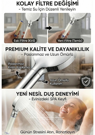 Yeni Nesil 5 Fonksiyonlu Filtreli Duş Başlığı Yüksek Basınç & Su Tasarruflu Geniş Başlık Çok Renkli