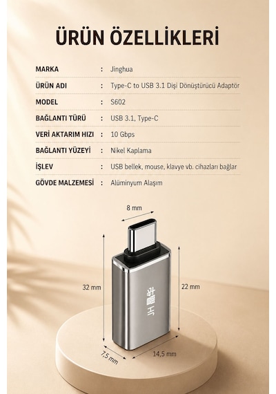 Type-c - Usb 3.1 Otg Dönüştürücü Adaptör, Usb-c Erkek Usb-a Dişi Çevirici, 10gbps Hızlı Veri Aktarımı, Harici Disk Klavye Mouse Hub Uyumlu, Alüminyum Gövde S602