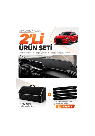 E-biz Peugeot 208 2020-2024 Uyumlu Torpido Örtüsü + Tay Tüyü Bagaj Çantası - Siyah-gri - Pe006