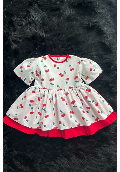 Kiraz Desenli Poplin Kız Çocuk Bebek Elbise 001