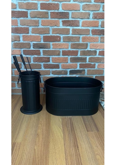 Siyah Oval Şömine Maşa Ve Odunluk Seti
