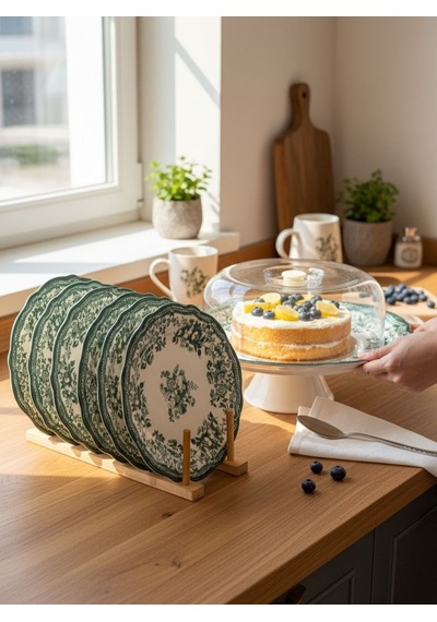 8 Parça Porselen Velour Green Pasta Seti-5687 Yeşil