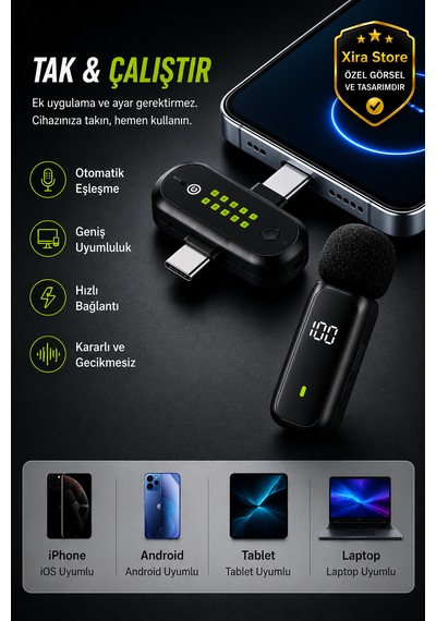 Bwc-10 Çiftli Kablosuz Mikrofon Type-c Lightning Aı Gürültü Engelleme Dijital Ekran Tripodlu 20-30 Metre