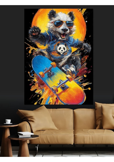 Ahşap Tablo Kaykay Yapan Havalı Panda