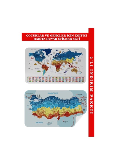 Eğitici - Öğretici Dünya Ve Türkiye Haritası Çocuk Odası Duvar Sticker-60x105-3891 Renkli