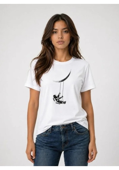 Defymoda Astronot Ay Temalı Tişört Kısa Kol Yazlık Bisiklet Yaka T-shirt - Beyaz