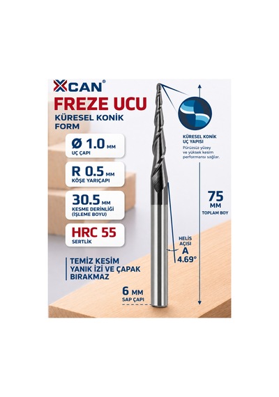 Konik Küresel Freze Ucu R0.5 Ø1 Mm 6 Mm Sap 75 Mm Cnc Freze