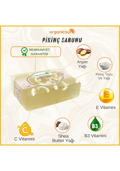 Organicsun Doğal Pirinç Sabunu 140 Gr X 3 Adet Tüm Cilt Tipleri İçin Beyazlatıcı Etkili