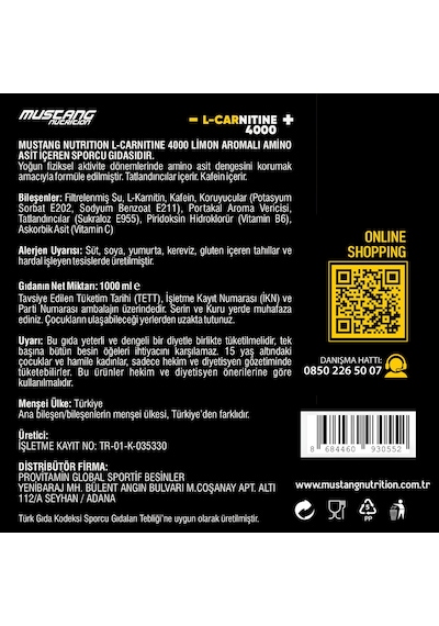 Mustang Nutrition L-carnitine 4000 Mg 1000 Ml 33 Servis Limon + 2 X L-karnitin Shot Hediyeli