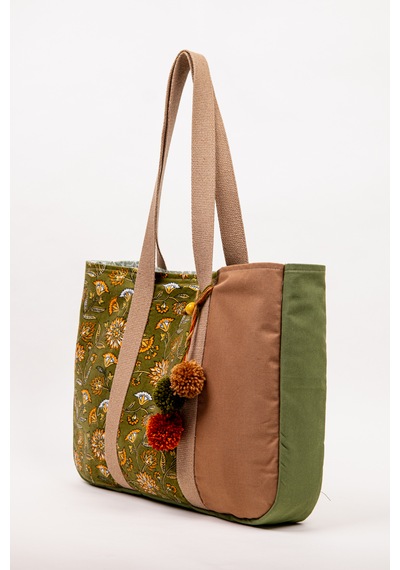 Fabric Craft Bag Omuz Çantası Kadın Duck Kumaş Desenli Büyük Boy Günlük Çanta Kahverengi - Yeşil