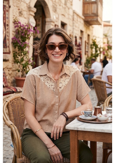 Lela Dantelli Relaxed Fit Kısa Kollu Bayan Gömlek 5865764 Taş