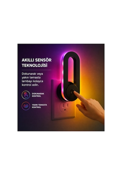 Rgb Akıllı Gece Lambası, Işık Sensörlü 180 Dönebilen Dekoratif Duvar Priz Lambası, Dokunmatik Kontrollü Renkli Ortam Aydınlatması, Yatak Odası Koridor Çocuk Odası İçin Gece Işığı Siyah