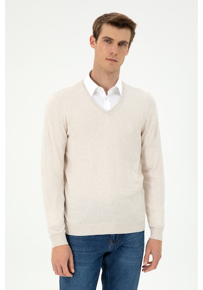 U.S. Polo Assn. Erkek Slim Fit V Yaka Krem Melanj Basic Kazak 50294764-VR159
