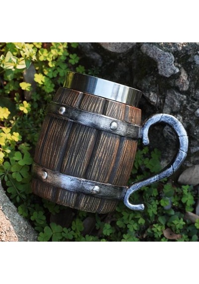 Ahşap Fıçı Görünümlü 380 Ml İçi Çelik Kupa Bardak - Viking Ve Orta Çağ Temalı Rustik Kupa