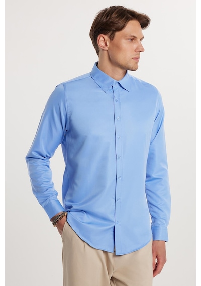 Tudors Slim Fit Kolay Ütü Teri Emen Nefes Alan Doku Kravatlık Dört Mevsim Erkek Gömlek-24896 Mavi