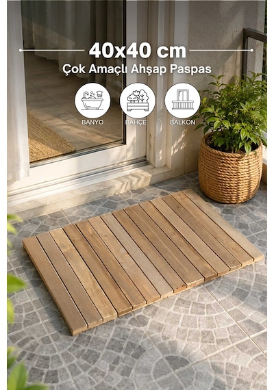 Reyo Ahşap İpli Banyo Paspası, Bahçe Balkon Paspası 40x40cm Ahşap