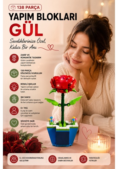 Gül Yapım Blokları 138 Parça Led Işıklı Dekoratif Yapboz Çiçek Seti 6+ Yaş