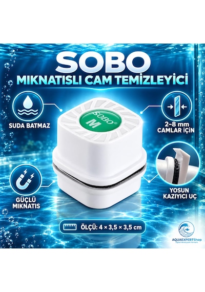 Sobo Akvaryum Mıknatıslı Cam Temizleyici - Suda Batmaz - 4 X 3.5 X 3.5 Cm - Ekstra Yosun Kazıyıcı Uç - Güçlü Mıknatıs Tutunma Gücü