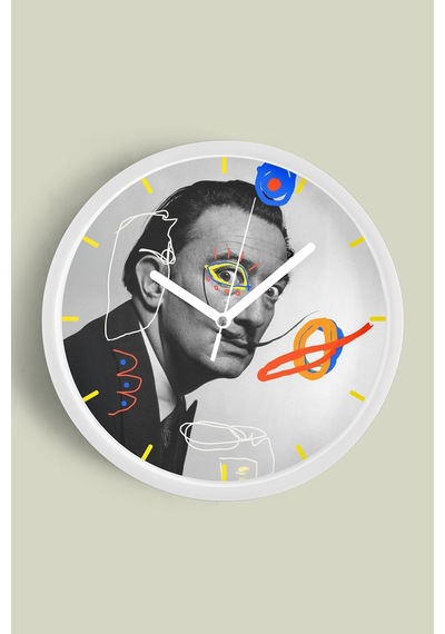 Modern Sanatçı Salvador Dali Portreli Modern Duvar Saati - 35cm - Önü Camlı Beyaz Kasa Beyaz