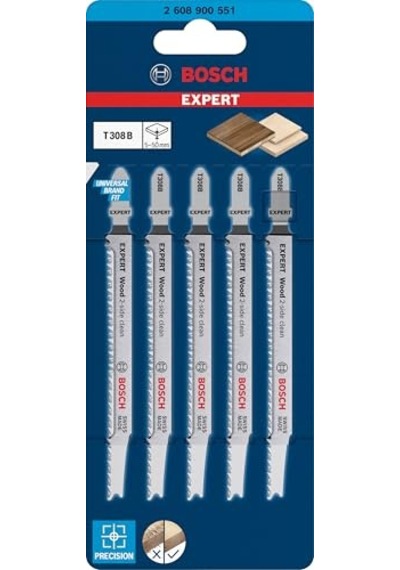 Professional 5x Expert Wood 2-side Clean' T 308 B Dekupaj Testere Bıçakları Sert Ahşap Mobilya Levhası, Kontrpl