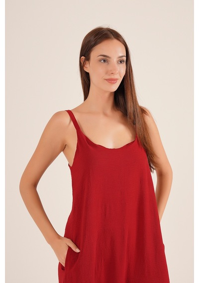 Paw Garage Kadın Rose Tela Askılı Maxi Boy Yan Yırtmaçlı Elbise Bordo