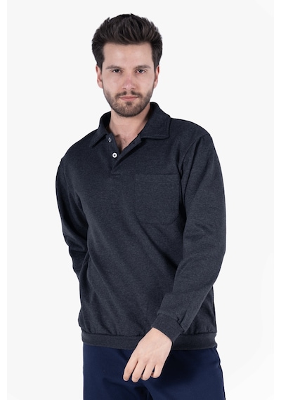 İki İplik Polo Yaka Cepli Sweatshirt Antrasit Melanj