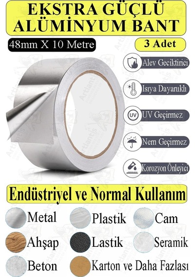 Alüminyum Bant 10 Metre 3 Paket Aliminyum Folyo Yapışkanlı Band Aspiratör Soba Borusu Tamir Sıcaklığa Dayanıklı Yanmaz