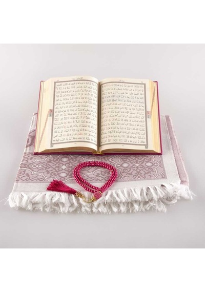Seccade + Tesbih + Kuran Hediye Seti (Hafız Boy, Fuşya Pembe)