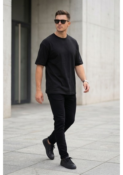 Erkek Siyah Oversize Tişört Bisiklet Yaka Basic Rahat Kalıp Günlük T-shirt