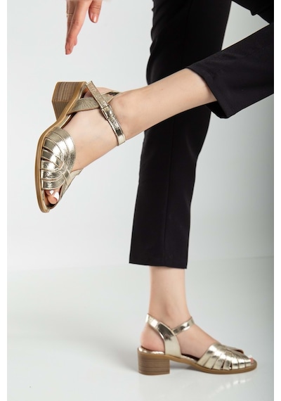 Analin Shoes Kadın Hakiki Deri Bilekten Bağlı Sandalet - Kahve Altın