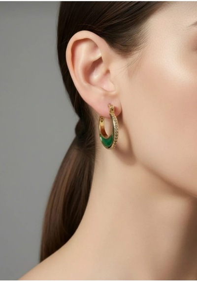 Lunarie Yeşil Taşlı Zirkon Halka Küpe 14k Gold Beyaz Zirkon Taşlı