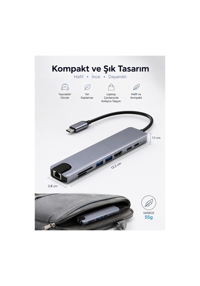 Type-c Hub 8'i 1 Arada Çok Fonksiyonlu Çoklayıcı Ultra Hızlı Rj45 Ethernet, 4k Hdmı Ekran Paylaşımı, 2 Adet Usb 3.0 Girişi Mikro Sd Kart Okuyucu Ve Güvenli Pd Hızlı Şarj Desteği Sunan Şık Hub