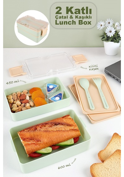 2 Katlı Kilitli Beslenme Kabı - Kendinden Çatal Kaşıklı Lunch Box Beslenme Kutusu Saklama Kabı Yeşil