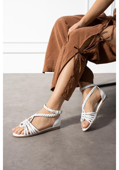 Shoetek Grey Kadın Sandalet Örgü Bantlı Bilekten Bağlı Beyaz Deri Beyaz