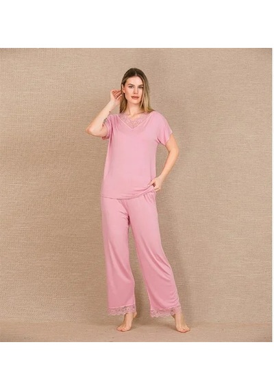 Emvera Kadın Viskon Şık Tasarım Dantel İşlemeli Pembe Kısa Kol Pijama Takımı