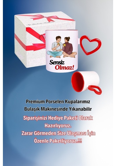 Sensiz Olmaz Baskılı Kalpli Kırmızı Kupa Bardak Çay Kahve Fincanı Beyaz