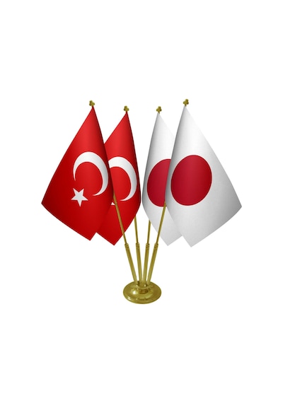 Masa Üstü Japonya Bayrağı Türk Bayrağı Dörtlü Pirinç Direk Masa B