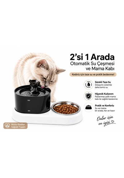 Kedi Köpek İçin 2'si 1 Arada Öşft Otomatik Su Sebili 1.8 Litre Ve Mama Kabı Besleme Seti Su Çeşmesi Sürekli Taze Su Evcil Hayvan