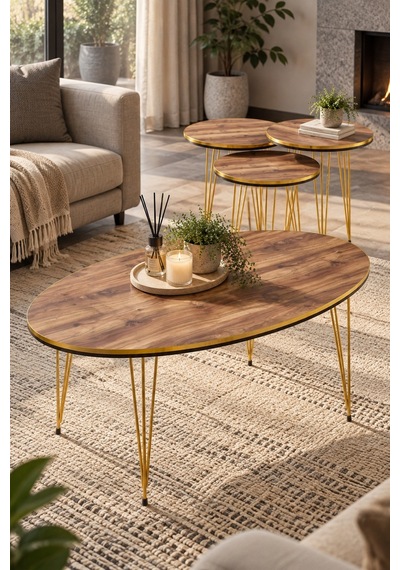 Sulorahome Ceviz Desenli Gold Tel Ayaklı 4'lü Sehpa Seti Altın - Kahverengi