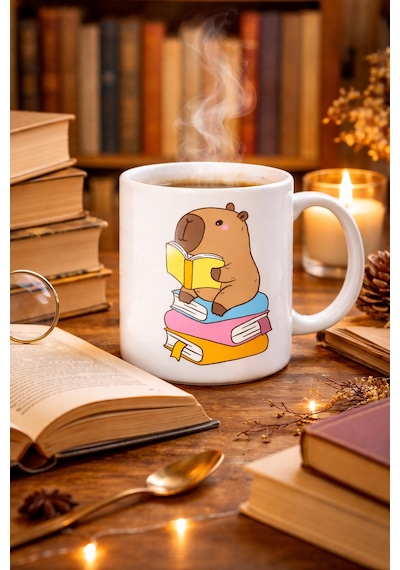 Kitap Okuyan Kapibara Tasarımlı Porselen Kupa Model 100 Kahve & Çay Keyfi İçin Sıcacık Ve Sevimli Tasarım Capybara Diğer