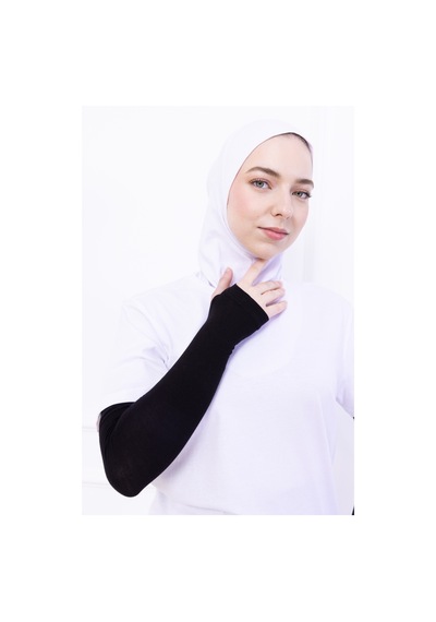 Loggia Parmak Geçmeli Likralı Kolluk Siyah - Kadın Tesettür Düz Namaz Kolluğu 1 Çift Viskon Hijab Siyah