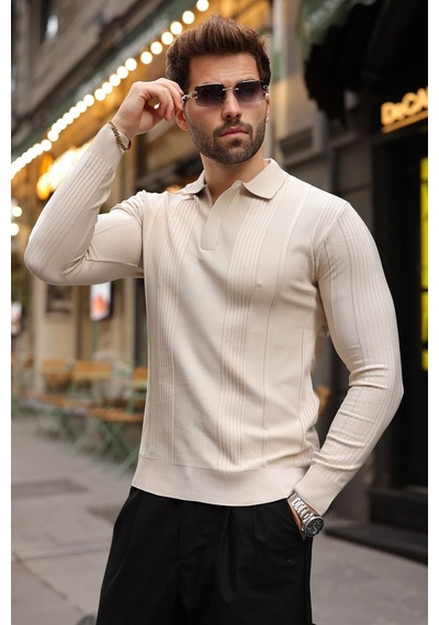 Madmext Taş Rengi Polo Yaka Slim Fit Erkek Triko Kazak E7527