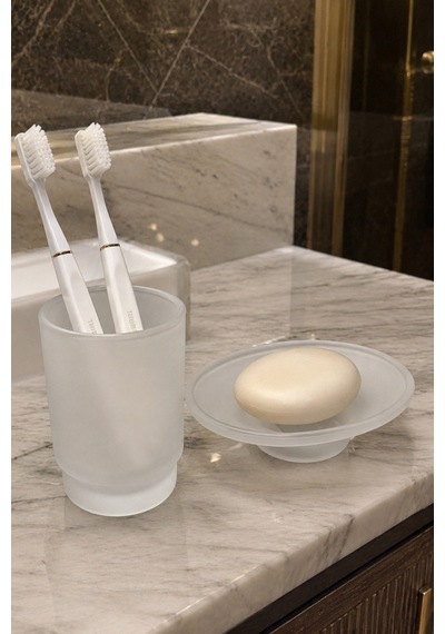 Kumlama Cam 2'li Banyo Seti Diş Fırçalık & Sabunluk Beyaz