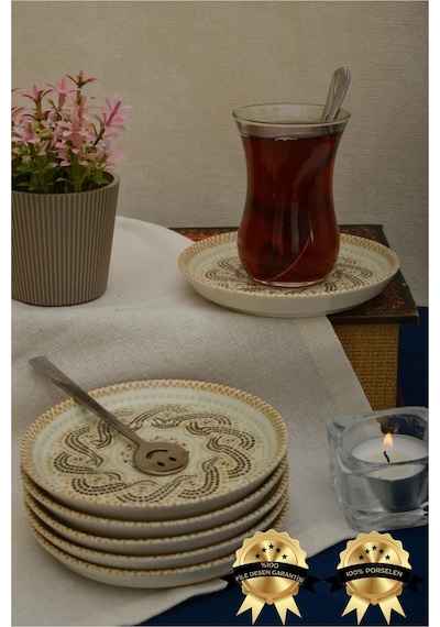 Efes 6 Adet 12cm Porselen Çay Tabağı Kırık Beyaz Çok Renkli