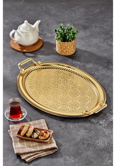 Cooker Metal Battal Boy Oval Gold Sunum Tepsisi 57x37 Cm Ckr3542 Diğer